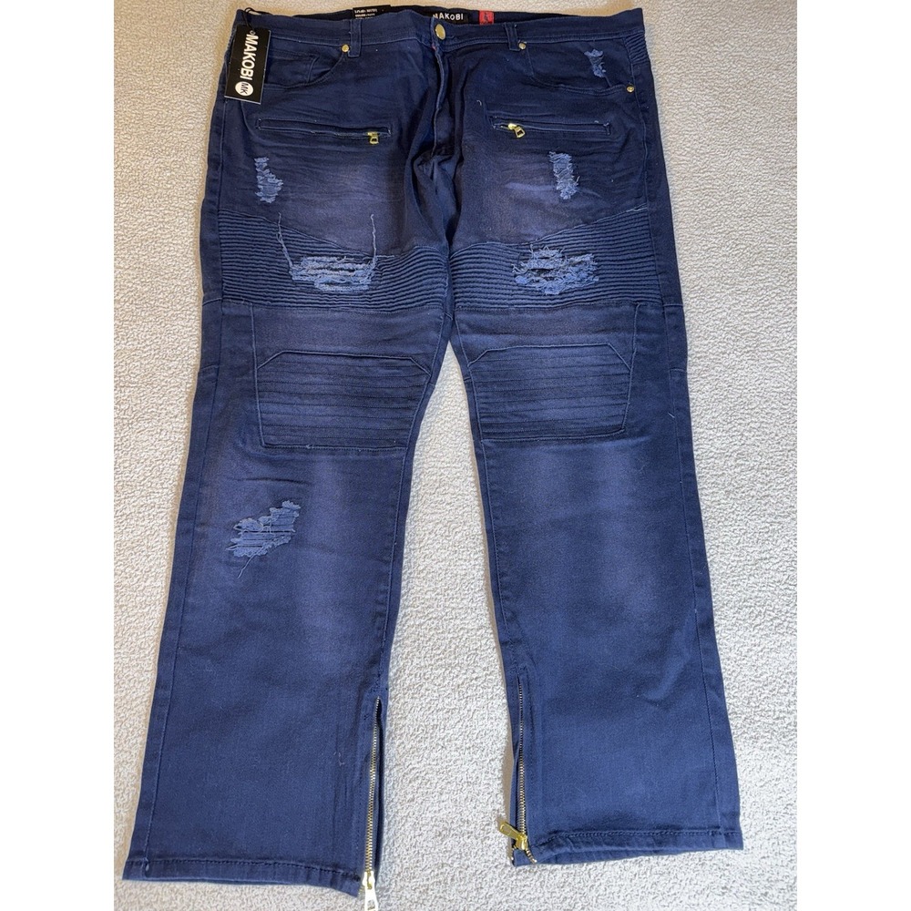 MAKOBI Jeans Sanded Biker Moto Distressed Men 46x32 Blue Urban Street Wear NWT